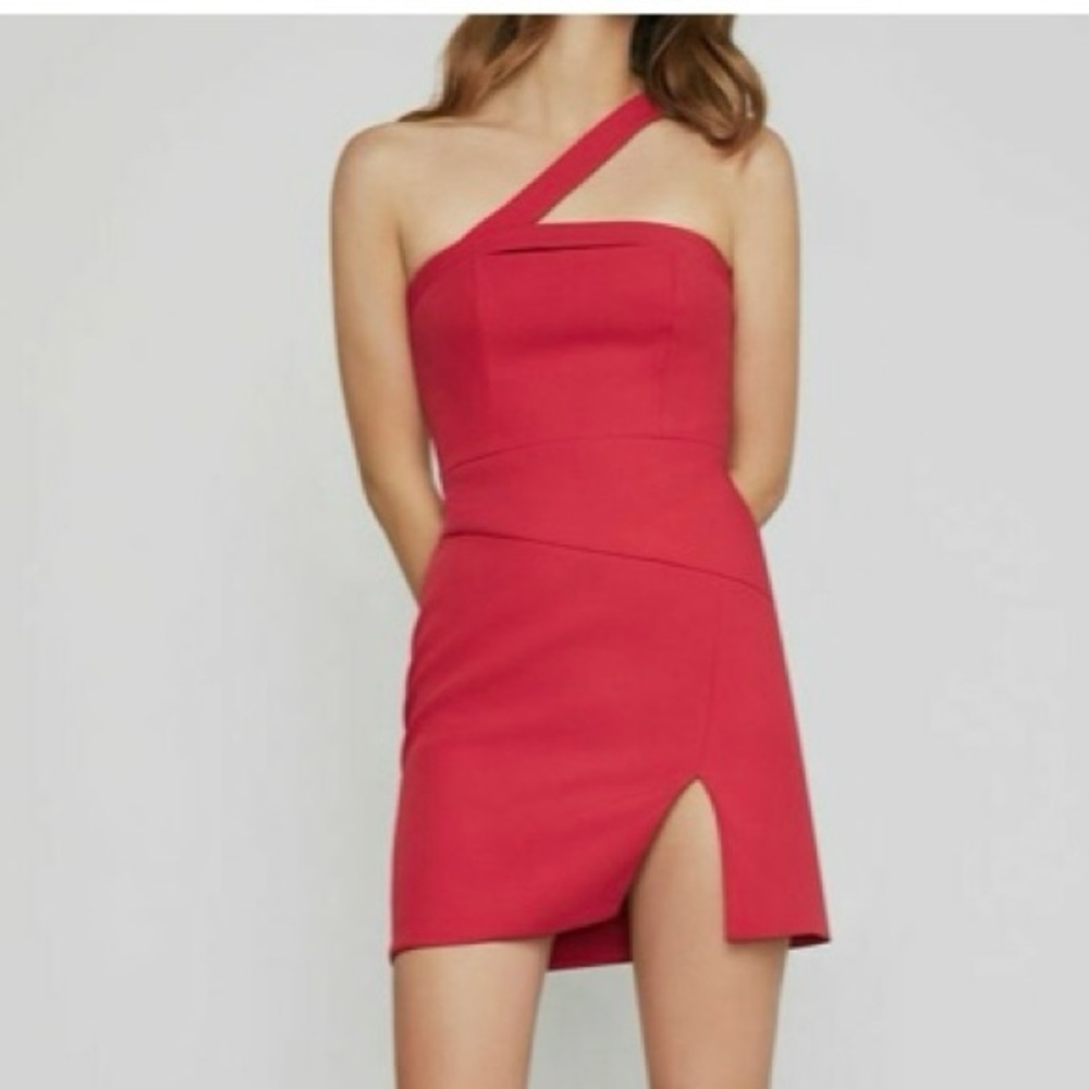 BCBGMaxAzria Dayne asymmetrical shoulder sheath mini dress in jewel red